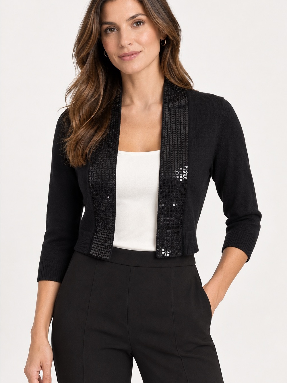 Calvin Klein Black Sequin Trim Cropped Bolero Cardigan Shrug Sweater XS
